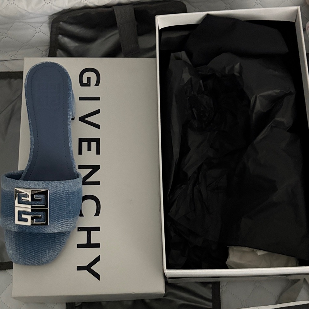 Givenchy Light Blue Denim Slide with Silver Logo mule 45mm